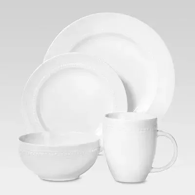 New - 16pc Porcelain Beaded Rim Dinnerware Set White - Threshold